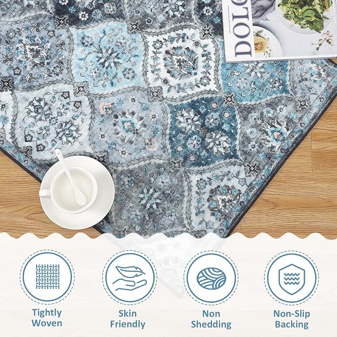 ROYHOME 10x13 Area Rug Extra Large Moroccan Trellis Machine Washable Rug | Vintage Medallion Distressed Accent Rug Stain Resistant Non-Slip Floor Cover Carpet for Living Room Bedroom, Blue/Grey
