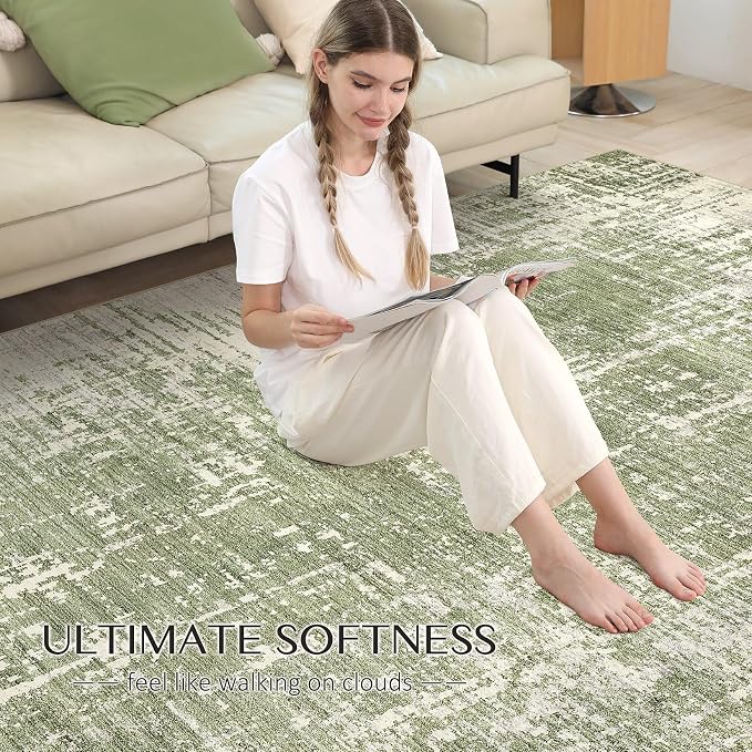 kakania Abstract 10x12 Area Rugs for Living Room: Washable Rugs Green | Soft, Non-Slip, Low-Pile, Pet & Kid Friendly - Large Modern Home Decor Carpet for Bedroom/Dining Room/Office/Nursery