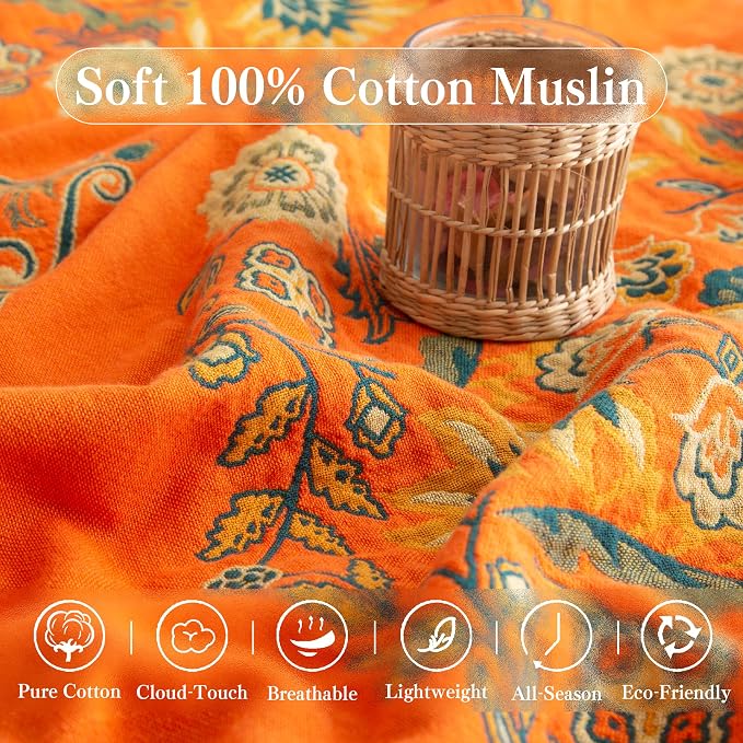 Phuryllic Boho Throw Blanket Full Size, Extra Large Soft Cozy Cotton Muslin Quilt Blanket for Bed Decor, Floral Patterned Couch Sofa Chair Cover, Vintage Farmhouse Cottage Woven Blanket, Orange&Green