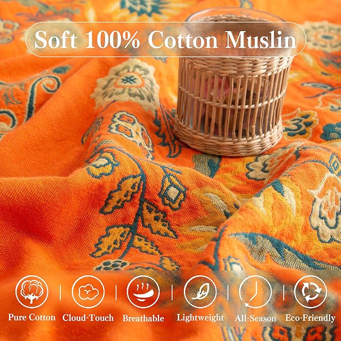Phuryllic Boho Throw Blanket Throw Size, Soft Cozy Cotton Muslin Quilt Blanket for Bed Decor, Bird Patterned Couch Sofa Chair Cover, Vintage Farmhouse Cottage Tapestry Woven Blanket, Orange&Green