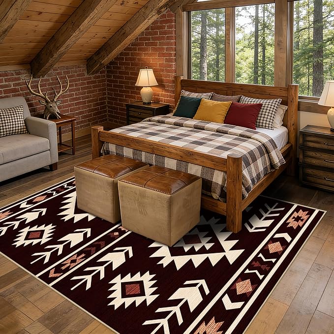 Area Rug 5x7 Western Rug Living Room Southwestern Aztec Tribal Rugs Southwest Navajo Machine Washable Non-Slip Printed Low-Pile Floor Carpet for Bedroom Dining Room Office, Red Brown