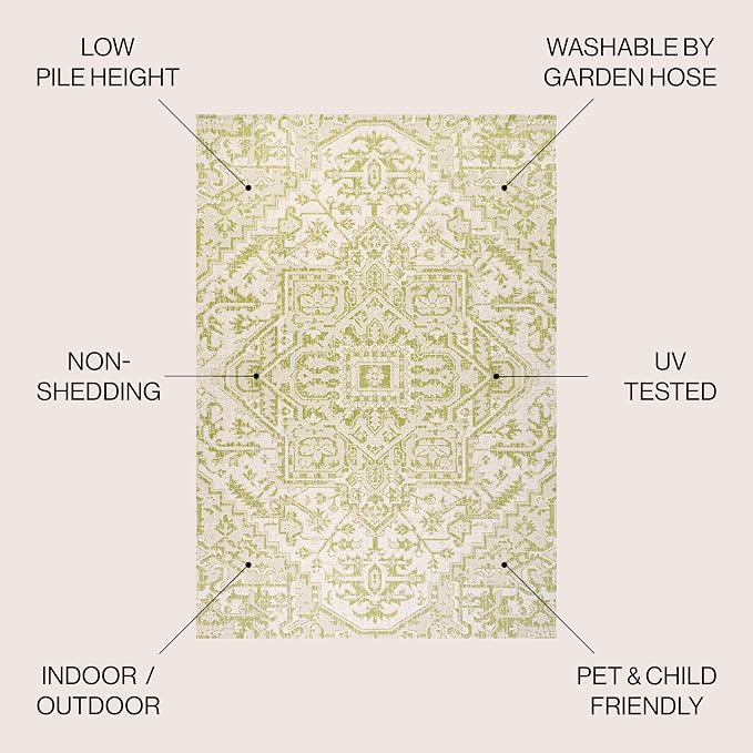 JONATHAN Y Boho Medallion Indoor Outdoor Square Area Rug 5X5 Cream/Green, Estrella Textured Weave for Backyard, Patio, Porch, Easy-Cleaning, High Traffic, Pet-Friendly, Non-Shedding (SMB105E-5SQ)