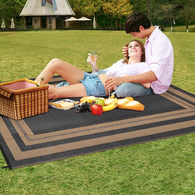 Garvee 8x10 Outdoor Rug Waterproof Plastic Straw Rug Outdoor Patio Rugs Reversible Mat Easy Clean Foldable Lightweight Large Area Rugs for Patio Porch Backyard Camping RV Beach Balcony Panel Brown