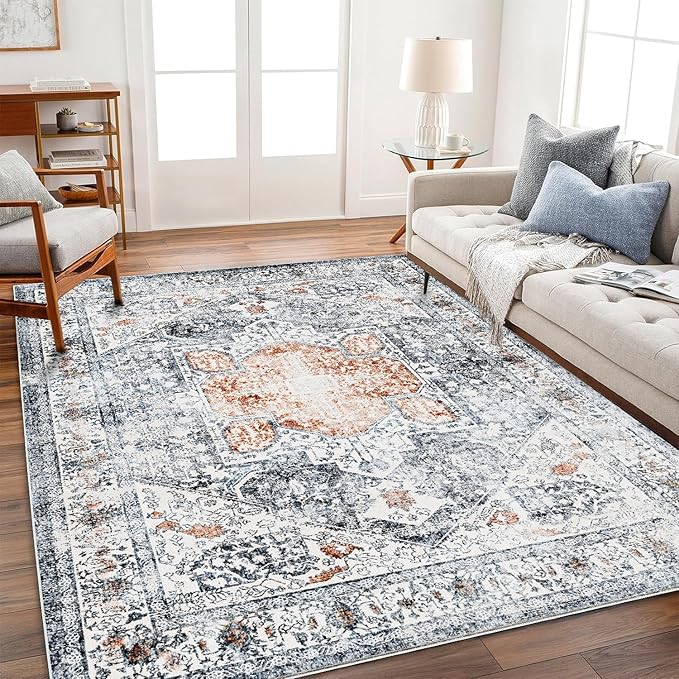 CHAMPLANT 5x7 Washable Thin Foldable Area Rug Gray Vintage Rug Traditional Floor Cover Retro Kitchen Indoor Distressed Non Slip Carpet Floral Print Mat Bedroom Living Room