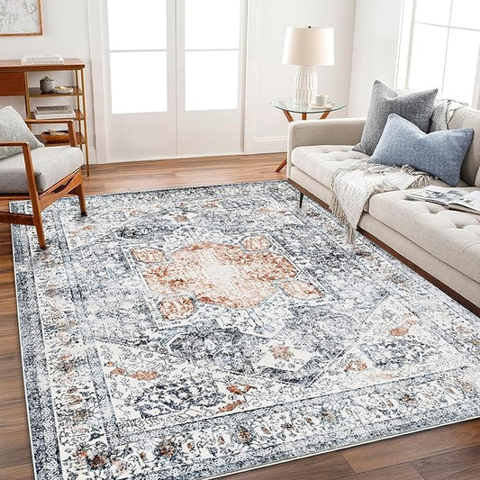CHAMPLANT 5x7 Washable Thin Foldable Area Rug Gray Vintage Rug Traditional Floor Cover Retro Kitchen Indoor Distressed Non Slip Carpet Floral Print Mat Bedroom Living Room