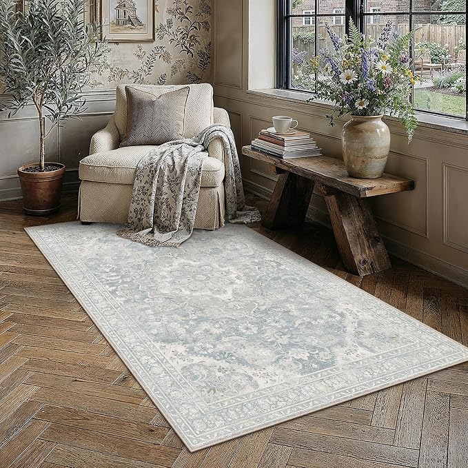 Blue Area Rug 4x6 Living Room Vintage Floral Non-Slip Carpet | Machine Washable, Soft, Low Pile, for Bedroom, Dining Room, Kids Room, Nursery, Office, Retro Neutral Decor