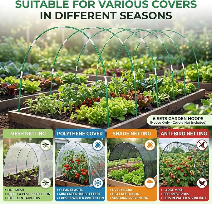 60PCS Garden Hoops for Raised Beds & 30PCS Tomato Clips, Greenhouse Hoops for Netting, Rust-Free Diameter 0.23” Plant Support Garden Stakes Can Cover 2.8ft-3.5ft in Width (60PCS+30 Clips)
