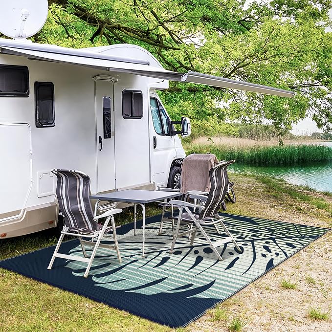 GENIMO Outdoor Rug 6' x 9' Waterproof for Patio Clearance, Reversible Plastic Straw Camping Mat, Lightweight Carpet for Rv, Camper, Deck, Porch, Picnic, Balcony, Beach, J.Blue & Green