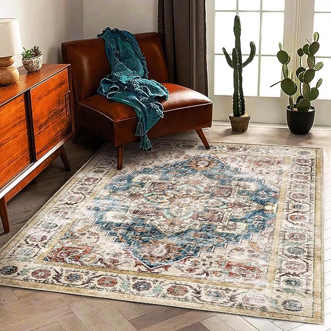 CHAMPLANT Washable Vintage Area Rug 6'x9' Boho Beige Blue Chic Medallion Distressed Design Non-Shedding Easy Care Ideal for High Traffic Areas in Living Room Bedroom Kitchen Office Large Carpet