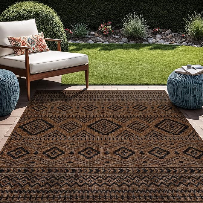 Beverly Rug Waikiki Boho Indoor Outdoor Rug 5x7, Washable Outside Carpet for Patio, Deck, Porch, Bohemian Area Rug, Farmhouse Rugs, Aztec Tribal Rug, Nut Brown and Black