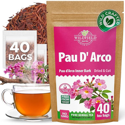 40 Bags Pau D'Arco Herbal Tea (Tabebuia Impetiginosa) - 40 Count 1.5g Bags Dried Pau D'Arco Bark Herb Tea