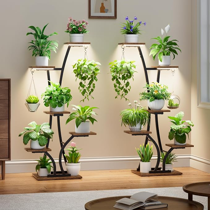 Plant Stand with Grow Light for Indoor Plants, 6 Tiered Metal Plant Shelf, 45" Indoor Plant Rack with 7 Shelves and 2 Hooks, Modern Corner Plant Holder for Living Room Balcony Bedroom, Black