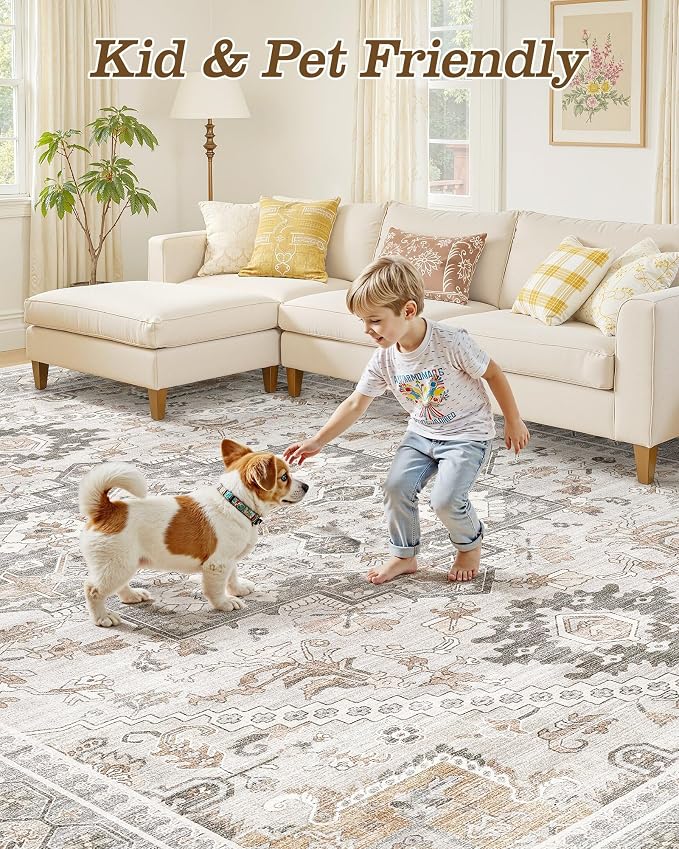 Washable Area Rug-5X8 Vintage Neutral Soft Taupe | Non Slip Thin Foldable Large Floor Carpet for Living Room Bedroom Kitchen Dining Room Home Office Farmhouse Indoor
