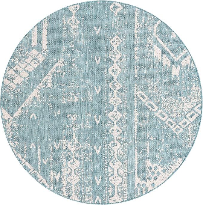 Unique Loom Outdoor Bohemian Collection Area Rug - Anthro (6' 1" Round, Light Aqua/ Ivory)