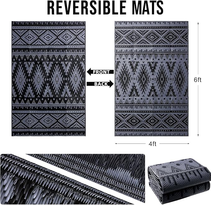 OLANLY Outdoor Rug Waterproof 4x6 ft, Reversible Outdoor Plastic Straw Rug, Boho Patio Rug, Indoor Outdoor Carpet, RV Mat Outside for Patio, Camp, Picnic, Balcony, Deck, Backyard, Black & Grey