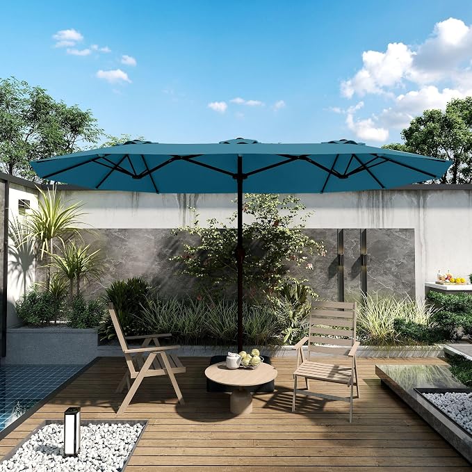 Kingdura 13ft Large Patio Umbrella with Base Included, Double-Sided Rectangle Outdoor Table Umbrella with 12 Reinforced Ribs, Crank Lift for Market Pool Deck Backyard, Lake blue