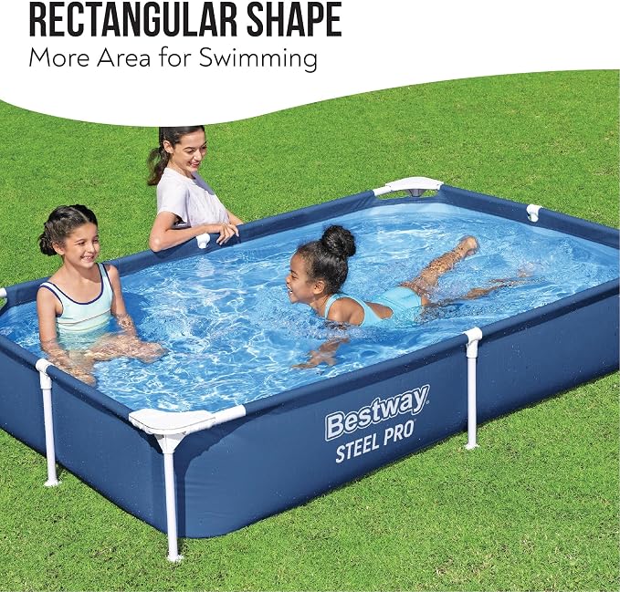 Bestway 56401 Steel Pro Pool | Swimming Pool, Rectangle Above Ground Fast Set Pool, Children’s Detachable Pool, Multiple Sizes, Blue, 221 x 150 x 43 cm | Rectangular Frame Swimming Pool, Puncture-Rust Resistant Garden Pool, Easy Assemble