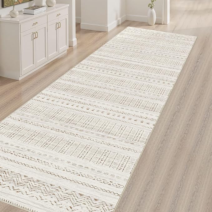 cotiled Hallway 2.6x8 Runner Rugs Washable Boho Moroccan Soft Rug | Solve Modern Neutral Trendy Home Decor - Stain Resistan Carpet for Entryway Kitchen Laundry Room Brown Cream
