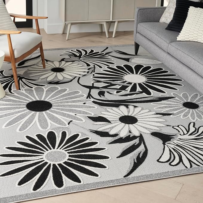 Nourison Home Aloha Black White 9' x 12' Area Rug - Easy Clean, Non Shedding, Bed Room, Living Room, Dining Room, Kitchen (9' x 12')