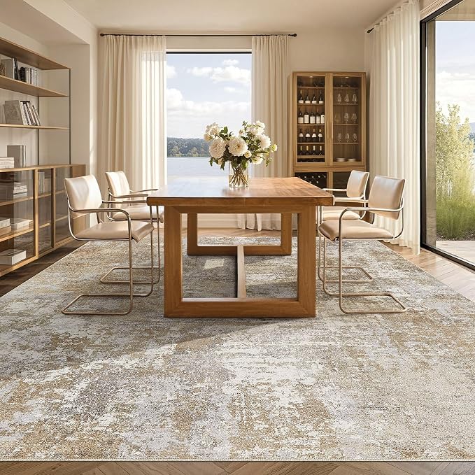 Washable 12x15 Area Rug for Living Room: Modern Abstract Neutral Large Soft Thin Rugs - Non Slip Indoor Carpet for Bedroom Dining Room Office Nursery Home Decor Floor Decoration - Brown Grey