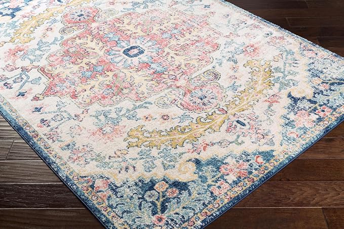Livabliss Area Rugs - 5x7 Odelia Vintage Boho Aqua Burgandy Blue Area Rug for Living Room Bedroom - Floral Medallion Stain Resistant Carpet for Kitchen, Nursery, Office (5'3" x 7'3")
