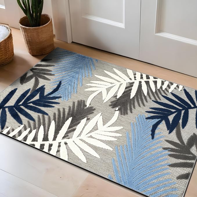 Rugshop Blue Palm Frond Indoor/Outdoor Runner Rug Easy Cleaning for Hallway, Kitchen and Entryway, 2'7" x 4'