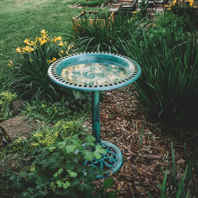 Backyard Expressions Outdoor Garden Bird Bath - Green - Weather Resistant Polyresin - 27 Inch
