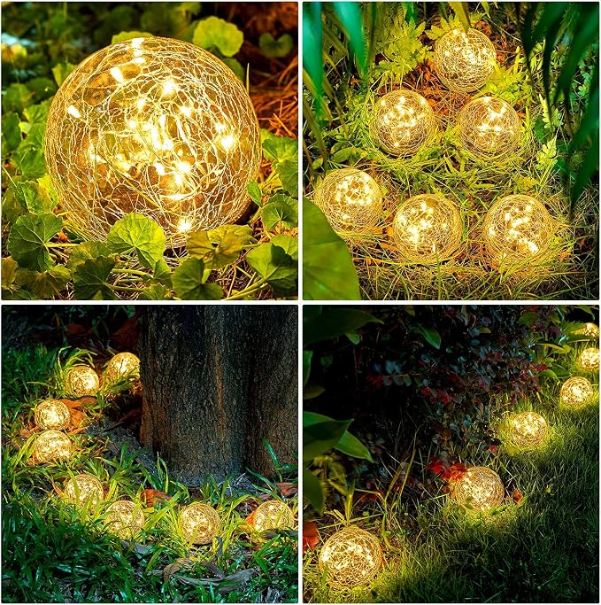 Honoson 4.7 Inch Solar Globe Lights Outdoor - Waterproof Cracked Glass Balls for Lawn Patio Yard Backyard Decorations, Warm Yellow Solar LED Lights with Easy Installation,Durable Design (4 Pcs)