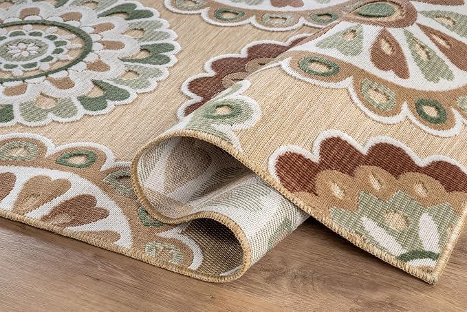Outdoor Rug 10x14 Washable Area Rugs Indoor Outdoor Carpets Beige Bohemian Medallion Non Shedding Waterproof Easy Clean Patio Deck Porch Living Room Bedroom Garden RV (10 X 14 Beige)