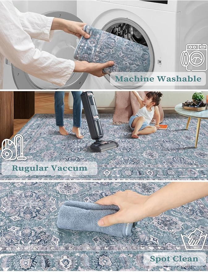 SERISSA 2'6"x10' Washable Non Slip Floral Boho Runner Rug for Hallway | Ultra Soft Vintage Floral Carpet Low-Pile Blue Grey Indoor Mat Throw Rug for Kitchen Stair Bedroom Bathroom Laundry Room