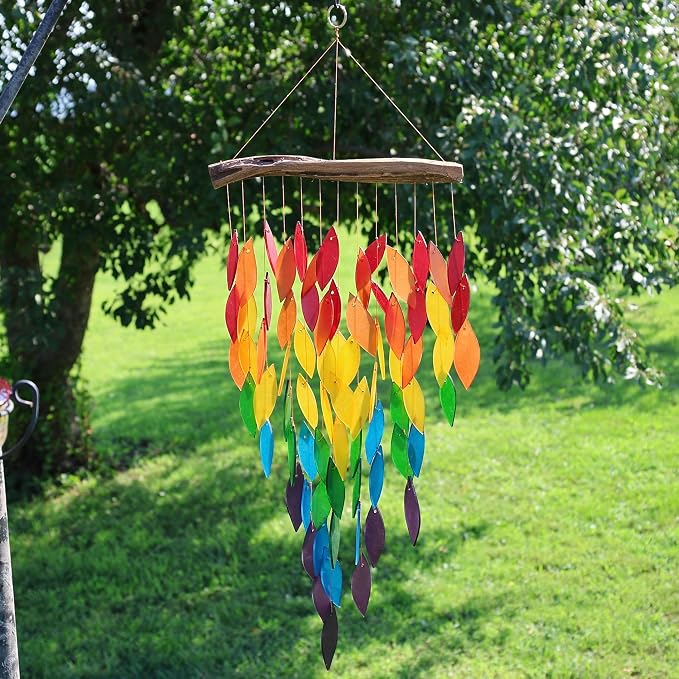 Blue Handworks Rainbow Deluxe Waterfall Glass Wind Chime | Handcrafted Deluxe Waterfall Glass Wind Chime Spanning the Full Rainbow Spectrum - Violet, Blue, Green, Yellow and Red