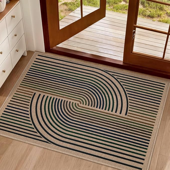 Tangsoo Easy Jute Rug,2x3 Washable Small Area Outdoor Rug for Entryway Modern Colored Lines Non-Slip Thin Small Throw Mat Farmhouse Indoor Carpet for Entry Kitchen Front Porch Entrance