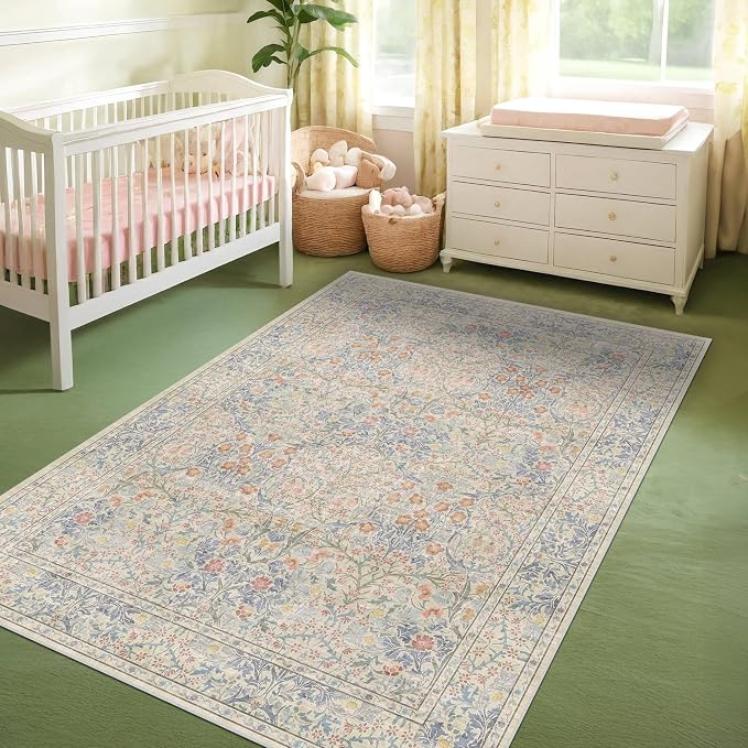Vintage Washable Beige Blue Area Rugs for Bedroom Under Bed, Living Room, Nursery, Kitchen, Entryway, Low Pile Non Slip Stain Resistance Distressed Retro Indoor (Beige Blue, 4 x 6)