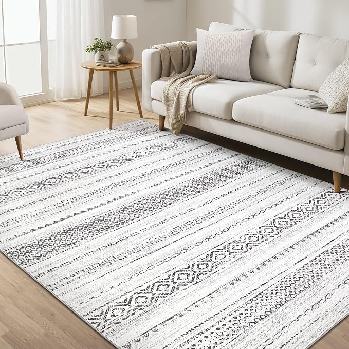 kakania Washable 6x9 Area Rug for Living Room: Boho Geometry Home Decor | Soft Stain Resistant, Low-Pile, Non-Slip, Pet & Kid Friendly, Thin Rug for Bedroom/Dining Room/Kids Dorm - Square Grey