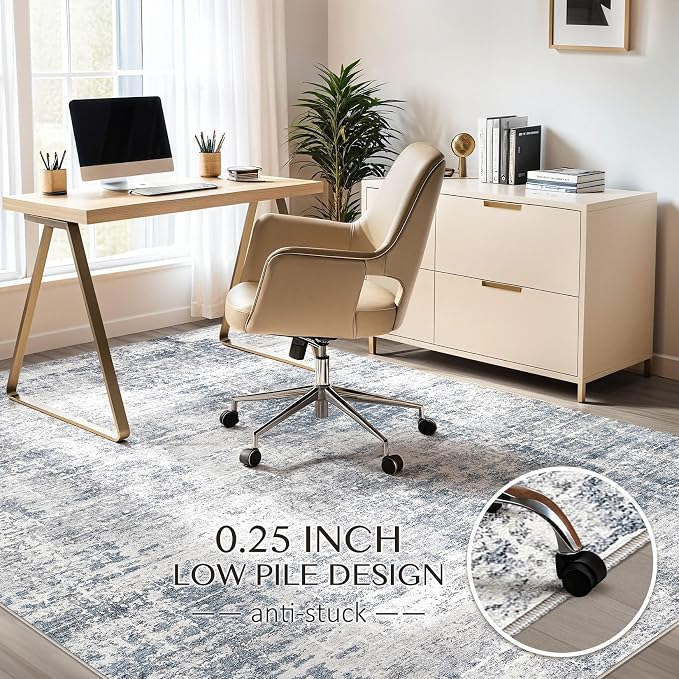 kakania Abstract 8x10 Area Rugs for Living Room: Washable Rugs Blue Grey | Soft, Non-Slip, Low-Pile, Pet & Kid Friendly - Large Modern Home Decor Carpet for Bedroom/Dining Room/Office/Nursery