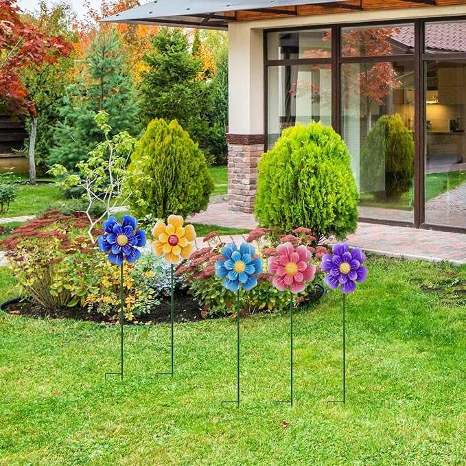 Metal Flower Wind Spinner Lawn Stakes Yard Art, Garden Iron Handicrafts | WEIBEFEE; 5 Pieces;Lawn Ornaments; 27 Inch Windmill Outdoor; Fade-resistant; Great gift choice; Decoration Gift