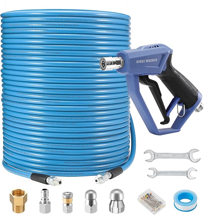 RIDGE WASHER Sewer Jetter Kit for Pressure Washer 200FT, 3600 PSI Drain Cleaning Hose with Short Pressure Washer Gun, 1/4 Inch NPT Corner, Rotating and Button Nose Sewer Jetting Nozzle