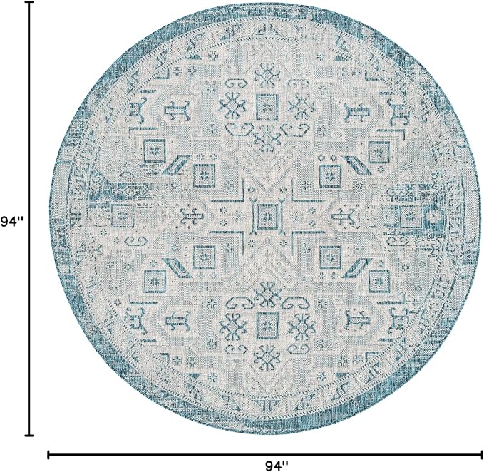 Unique Loom Outdoor Aztec Collection Area Rug - Coba (7' 10" Round, Teal/ Ivory)