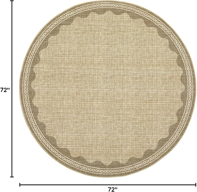 GarveeHome Scalloped Jute Print 6 ft Round Rug Washable Non-Slip Soft Ultra-Thin Small Modern Cottage Core Solid Tan Circle Carpet for Kitchen Bedroom Nursery Dining Room Tan