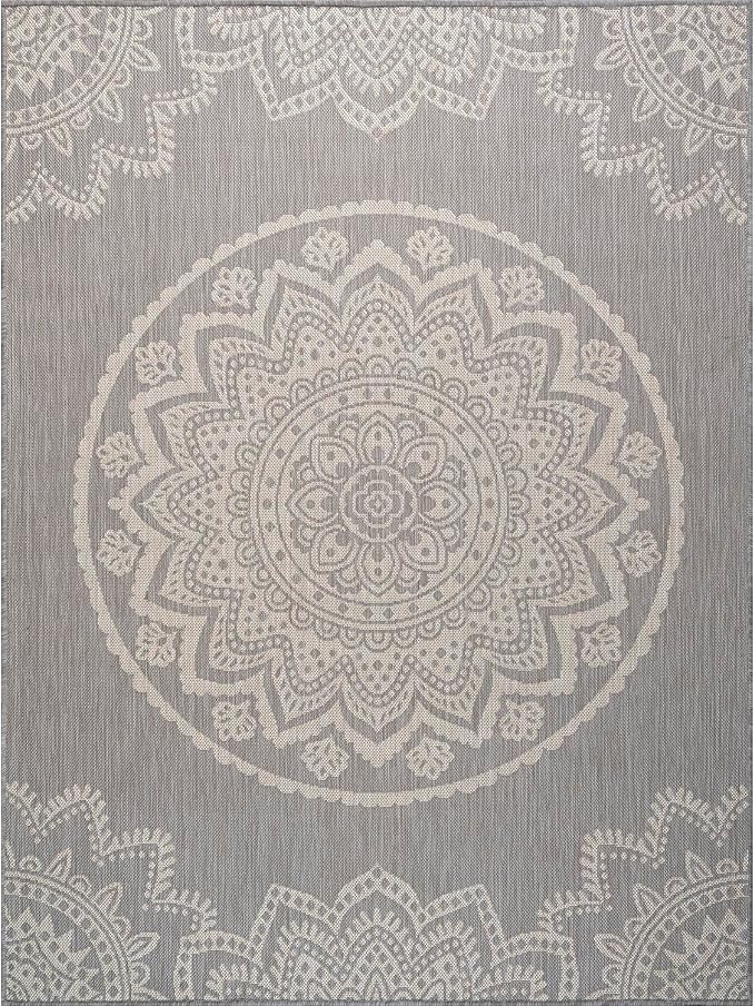CAMILSON Outdoor Rug 10x14 Modern Area Rugs for Large Indoor and Outdoor Patios and Porches - Waterproof Washable Non-Shedding Easy-to-Clean Outside Carpet (10 x 14, Medallion - Grey/White)
