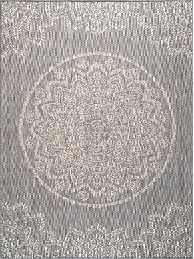 CAMILSON Outdoor Rug 9x12 Modern Area Rugs for Large Indoor and Outdoor Patios and Porches - Waterproof Washable Non-Shedding Easy-to-Clean Outside Carpet (9 x 12, Medallion - Grey/White)