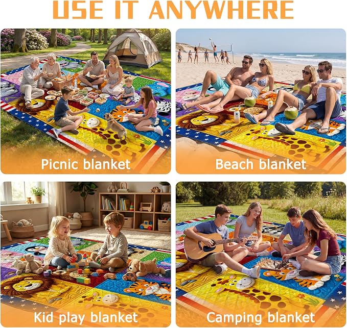 79" x 118" Picnic Blanket Extra Large,Waterproof Sandproof Foldable Outdoor Blanket Beach Blanket Ocean Picnic Mat for Camping,Lawn,Park(Animal)