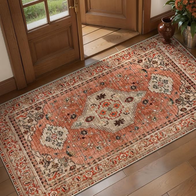 Tangsoo Boho 2x4 Runner Washable Rugs for Entryway, Non Slip Small Area Rug | Vintage Indoor Front Door Mat Indoor Entrance, Oriental Soft Low Pile Throw Rugs for Entry Kitchen Bedroom Terracotta Decor