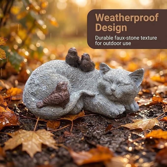 Resin Sleeping Cat Memorial Statue with Birds – Indoor Outdoor Garden Figurine Decor for Patio, Yard & Home, Realistic Tribute Sculpture, Sympathy Gift for Pet Lovers (11.4×7.3×5.9 in)