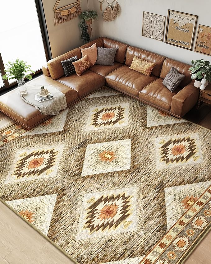 7'x9' Washable Area Rug for Living Room Bedroom Cream/Camel | Soft Western No Slip Low Pile Print Foldable Indoor for Kitchen Dining Room