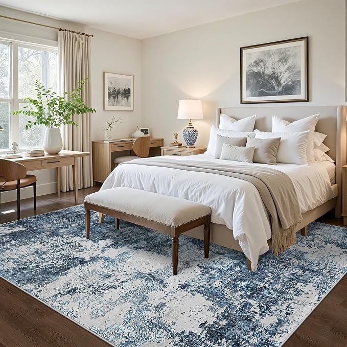 Tosuoka 8x10 Area Rugs for Living Room Abstract Washable Blue Rug | With Anti-Slip Backing，Non-Shedding，Stain-Resistant，Soft Modern Large Carpet for Bedroom Dining Room Farmhouse Nursery