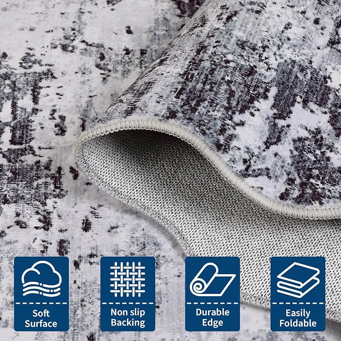 ROYHOME Scalloped Runner Rug 2x6 Modern Abstract Non Slip, Grey | Soft Stain Resistant Low Pile Machine Washable Non Shed Rug for Hallway Kitchen Bathroom