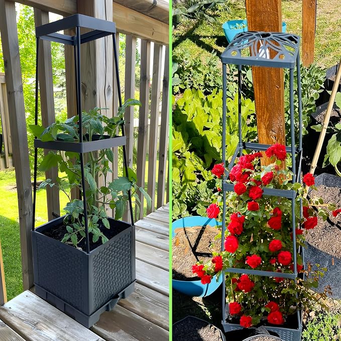 2 Packs Raised Garden Bed Tomato Planter Box with Trellis,44.8" Self-Watering Tomato Cage with Trapezoidal Trellis for Climbing Plants Flowers Vegetables Vine in Patio Garden Indoor Outdoor