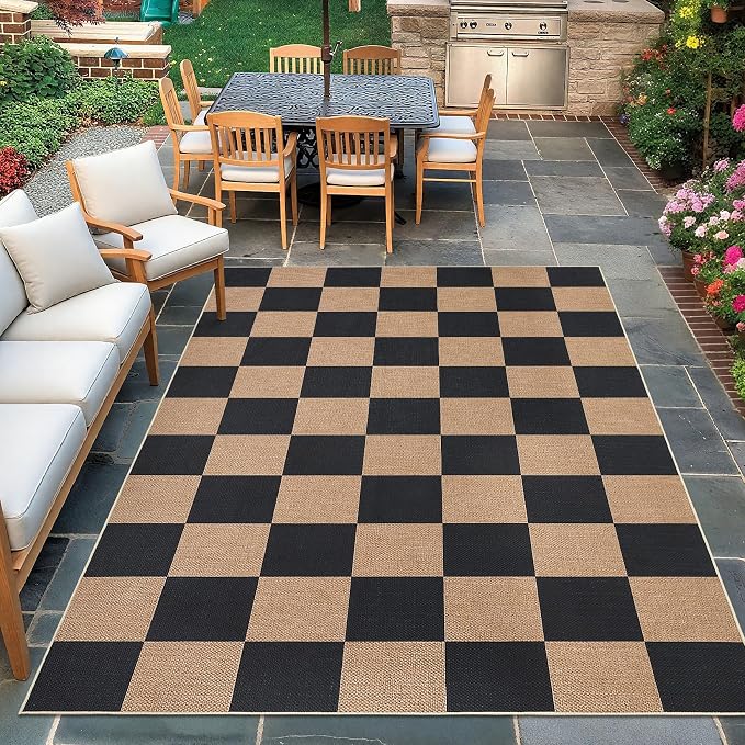 Garvee Easy Jute Outdoor Rug 5x7 Washable Modern Checkered Rugs，Black/Brown | Living Room Non-Slip Farmhouse Checkered Outdoor Mat Neutral Floor Carpet for Bedroom Patio Dining Room Backyard