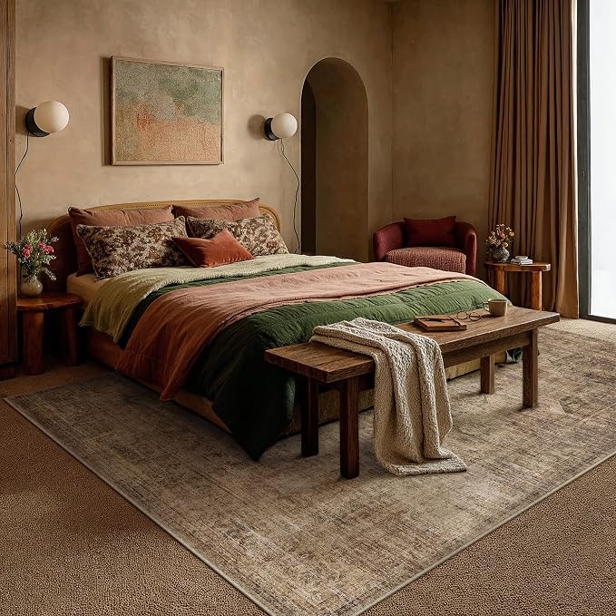 8x10 Brown Vintage Area Rug | Washable, Non Slip, Soft Low Pile, Neutral Farmhouse, Large, for Living Room Bedroom Dining Room Office Indoor Home Decor